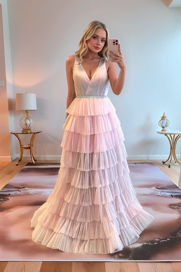 Elegante Vestido de Noche de Gala Largo hasta el Suelo con Falda en A, Cuello en V, Tul en Capas y Cintura Brillante
