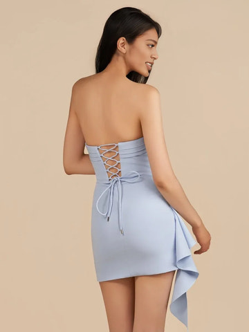 Vestido de Fiesta y Cóctel Mini de Spandex Fruncido con Volantes sin Tirantes Ajustado al Cuerpo