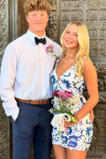 Bodycon V-Neck Sleeveless Sequin Short Floral Homecoming Dress