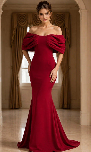 Burgundy off shoulder mermaid evening dress with draped sleeves and floor length flared skirt front view