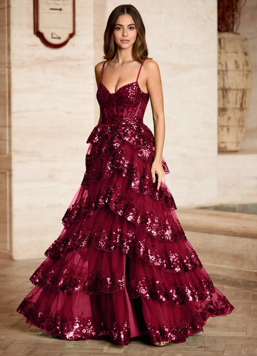 Black Statement A-Line Sweetheart Spaghetti Strap Sequin Tiered Ruffle Prom Gown