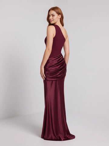 Burgundy mermaid long bridesmaid dress one‑shoulder neckline draped ruched waist glossy satin fabric sleek fitted back formal gown from Vedress