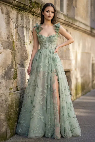 Romántico vestido de fiesta de corte A, princesa, escote corazón con aplicaciones de mariposas, largo hasta el suelo