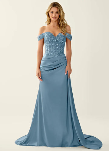 Glamorous Mermaid Sweetheart Off Shoulder Lace Satin Floor Length Prom Dress