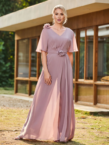 Chiffon V-Neck Mother of the Bride Dress, Short Flutter Sleeve Formal Evening Gown