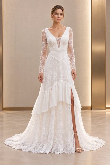 Vedress floral lace A-line wedding dress with a plunging V-neck, sheer long sleeves, pointed waist detail and ruffled slit skirt, front view