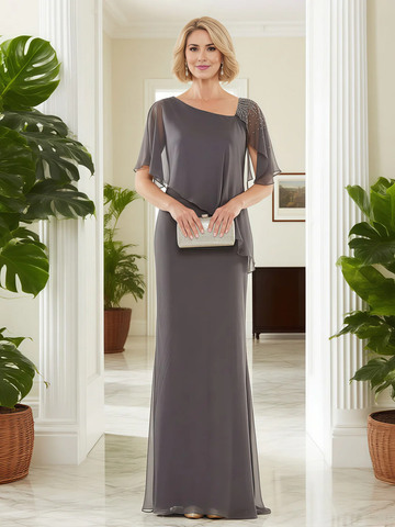 Asymmetric Neck Beaded Chiffon Mother of Bride Dress Ruffle Short Sleeve Wedding Guest Gown