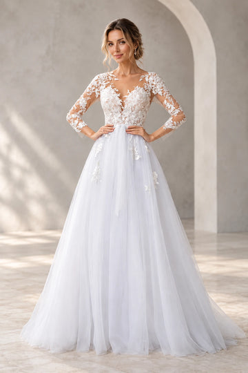 Vedress lace tulle A-line wedding dress with an illusion V-neckline, three-quarter floral lace sleeves and a floor-length skirt, front view.
