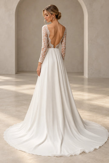 Back view of Vedress chiffon wedding dress featuring a deep V-back with scalloped lace edges, sheer long sleeves and a sweeping train.