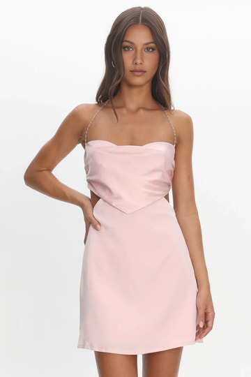 Chain Strap Halter Neck Satin Homecoming Dress With Cutout Bow