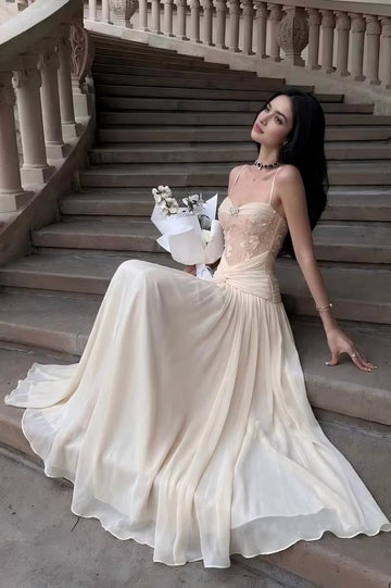 Champagne chiffon sweetheart spaghetti strap floor length prom dress by Vedress
