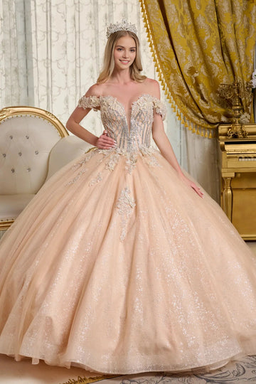 Champagne Quinceañera ball gown with crystal corset bodice, sweetheart neckline and off-shoulder floral sleeves by Vedress