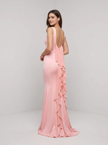 Back view of Vedress low‑back bridesmaid gown, cascading ruffle detail, fitted floor length skirt