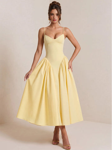 Vedress pale yellow midi prom dress,spaghetti straps,deep v‑neck,flared a‑line skirt