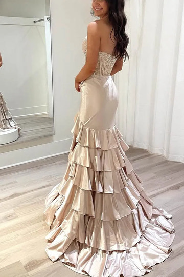 Chic Pink Satin Strapless Corset Tiered Ruffle Prom Gown