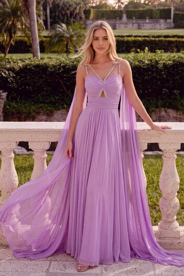 Roselledress lilac chiffon A-line prom dress with an embellished V-neck, ruched bodice, front cutout and long shoulder drapes.