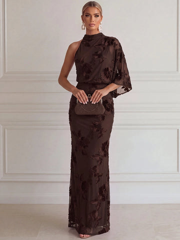 Chocolate brown sheath evening dress with a high neckline, asymmetric sheer cape sleeve, floral embroidery, and floor-length skirt by Vedress.