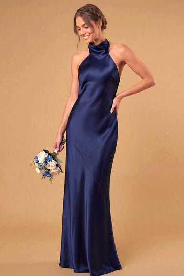 Sophisticated Sheath Halter Neck Sleeveless Bow Back Floor Length Bridesmaid Dress