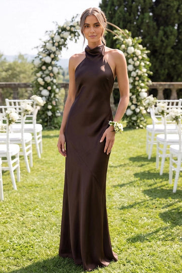 Chocolate brown sheath bridesmaid dress featuring a draped halter neckline, sleeveless fitted silhouette, satin-look finish, and flowing floor-length skirt by Vedress.