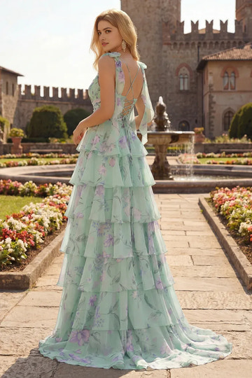 Vestido de fiesta largo hasta el suelo con cuello de corazón, hombros descubiertos, volantes, corte A y estampado floral