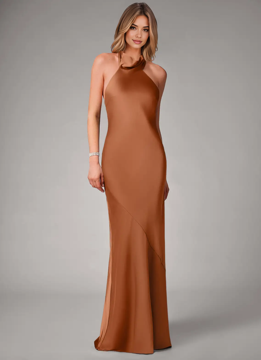 Elegant Open Back Evening Dress Halter Neck Mermaid Bridesmaid Dresses with Dramatic Back Bow