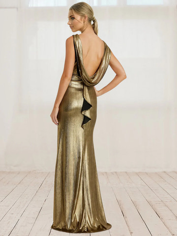 Sheath/Column Formal Evening Dress Metallic Cowl Back Shimmer Maxi Gown