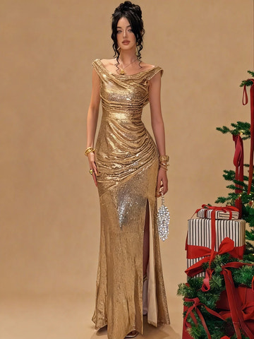Mermaid Off Shoulder Sequins Evening Dress Sparkle Christmas Party Gown
