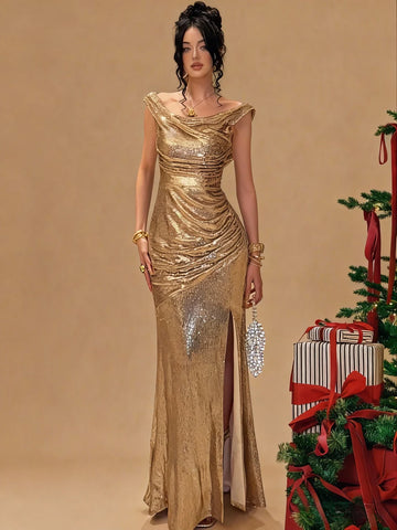 Vestido de Noche Sirena con Lentejuelas y Hombros Descubiertos para Fiesta de Navidad