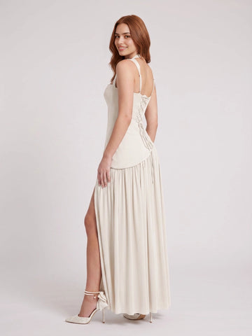 Cream a‑line long bridesmaid dress with halter neck structured corset bodice pleated high‑slit skirt lace‑up back from Vedress