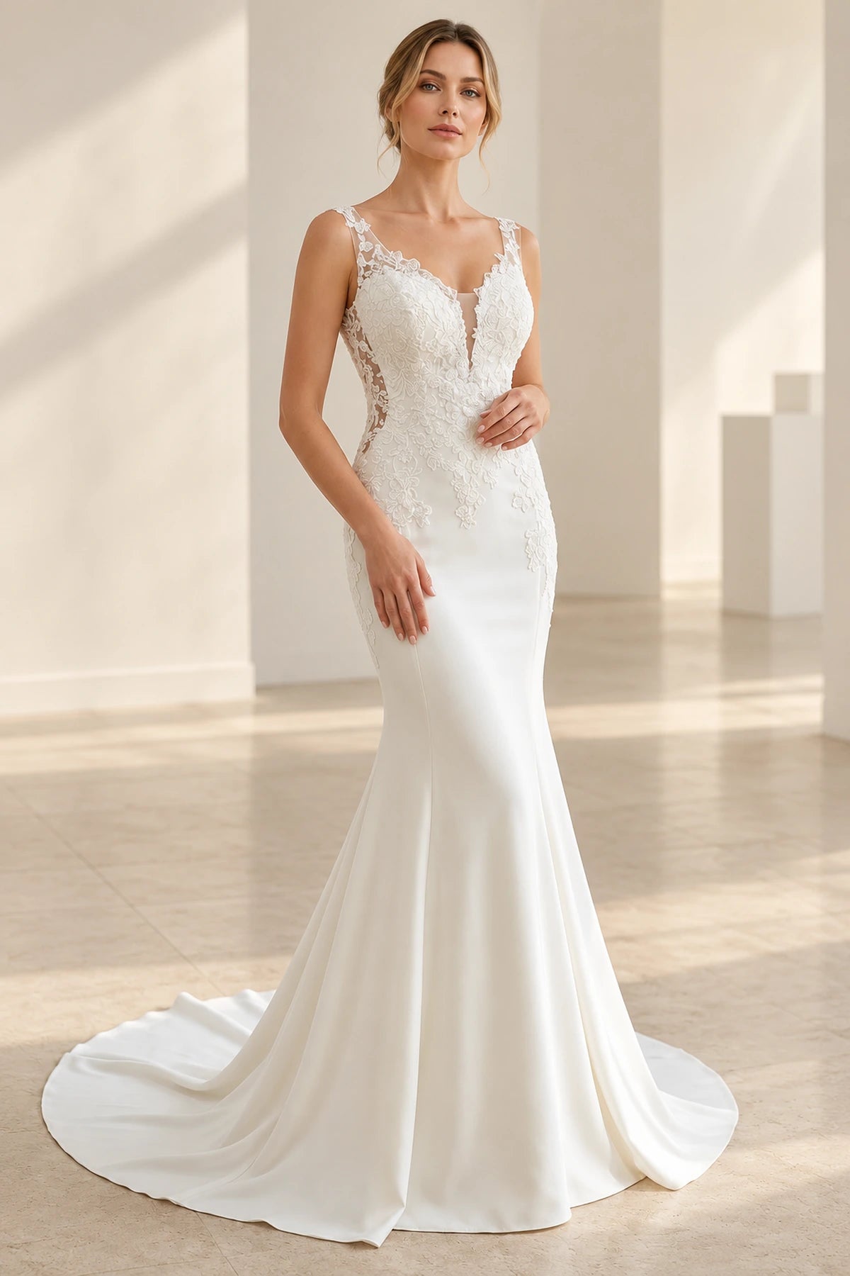 Vedress crepe mermaid wedding dress with floral lace appliques, a plunging V-neckline, sleeveless straps and a sweeping train, front view.