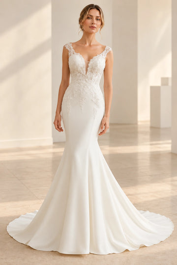 Elegant Crepe Mermaid V-Neck Sleeveless Low-Back Floor-Length Wedding Dress