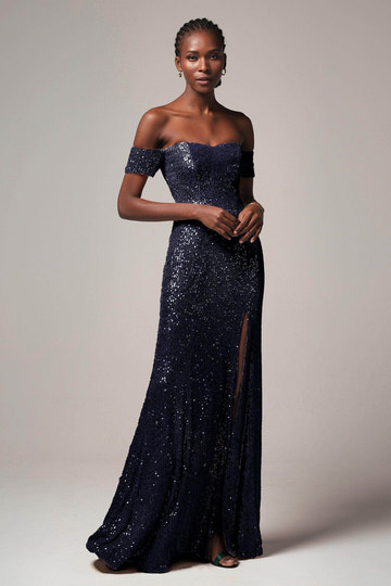 Radiant Sheath-Column Sweetheart Off-Shoulder Sequin Slit Evening Dress
