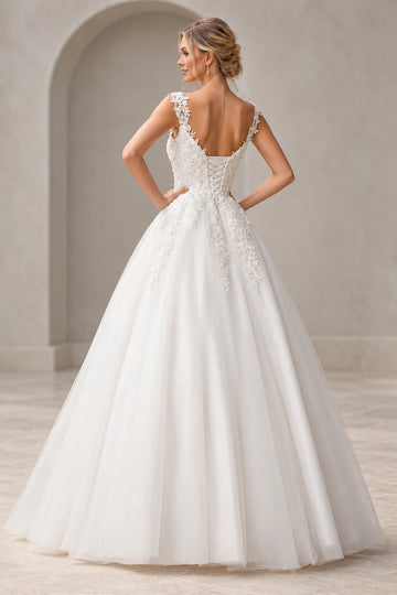 Back view of Vedress A-line wedding dress showing a low scoop back, ribbon lace-up panel and floral lace cascading onto the tulle skirt.