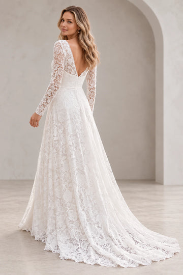 Vedress lace wedding dress with a deep V-back, central zipper, long sheer sleeves and a scalloped lace sweep train, back view