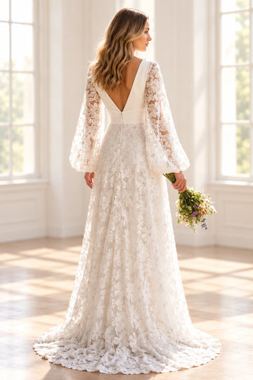 Vedress floral lace wedding dress with a deep V-back, central zipper, sheer long sleeves and a sweep train, back view