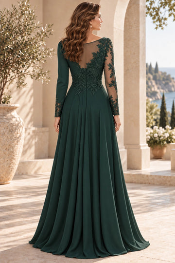 Back view of dark green mother of the bride gown featuring sheer floral lace illusion back, center zipper, contrasting long sleeves and flowing A-line skirt
