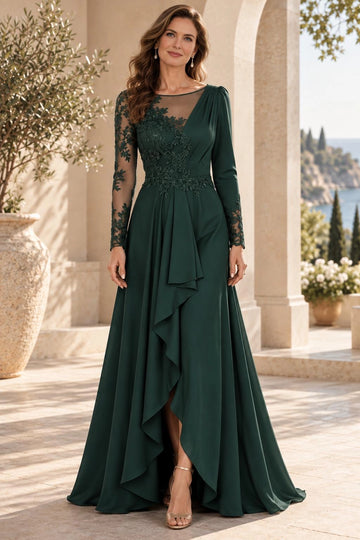 Dark green A-line mother of the bride dress with illusion neckline, floral lace bodice, asymmetric long sleeves, cascading front ruffles and floor-length skirt