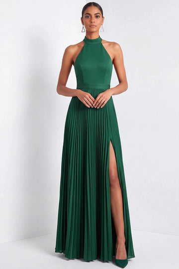 Dark green A-line bridesmaid dress with high halter neckline, fitted bodice, defined waistband, pleated floor-length skirt, and thigh-high slit by Vedress.