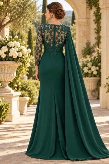 Regal Dark Green Mermaid Round Neck Lace Sleeve Illusion Back Mother of the Bride Dress