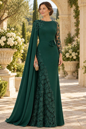 Regal Dark Green Mermaid Round Neck Lace Sleeve Illusion Back Mother of the Bride Dress