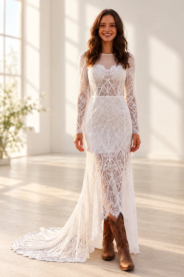 Bohemian Lace Trumpet Illusion-Neck Long-Sleeve Illusion-Back Floor-Length Wedding Dress