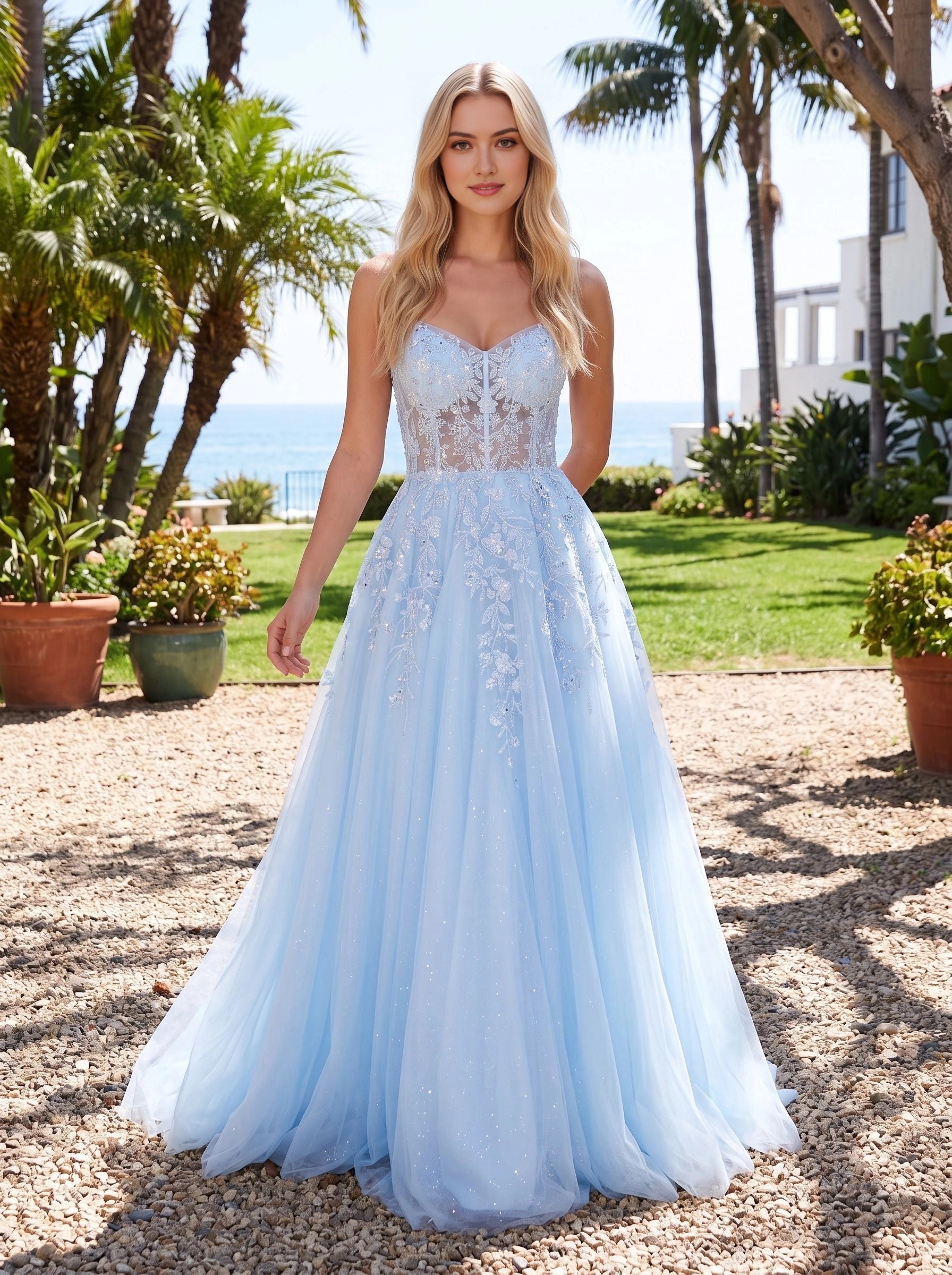 Vedress light blue glitter tulle wedding dress, sweetheart sheer corset bodice, floral lace applique bridal gown