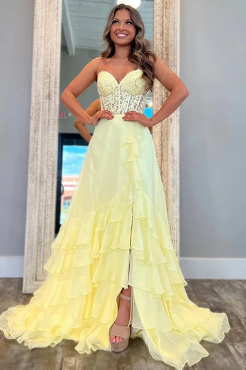 Dreamy Light Blue Lace Ruffle Slit Prom Gown