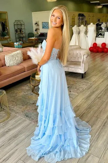 Dreamy Light Blue Lace Ruffle Slit Prom Gown