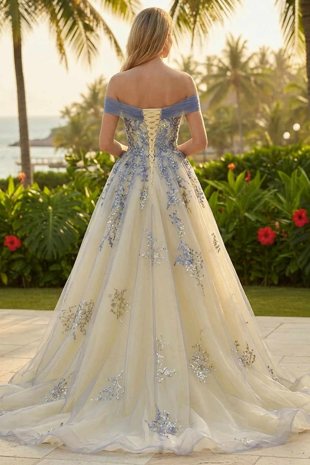 Vedress formal prom gown lace up corset back long train rear tropical scenery view