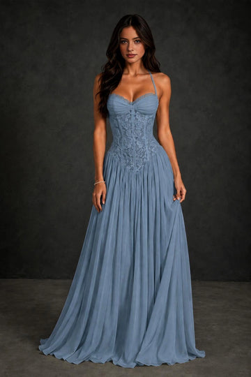Romantic A-Line Sweetheart Halter Lace-Up Back Floor-Length Prom Dress