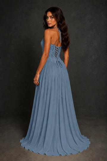 Romantic A-Line Sweetheart Halter Lace-Up Back Floor-Length Prom Dress