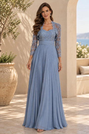 Dusty blue A-line mother of the bride dress featuring sweetheart neckline, floral lace jacket, sheer three-quarter sleeves and floor-length pleated skirt