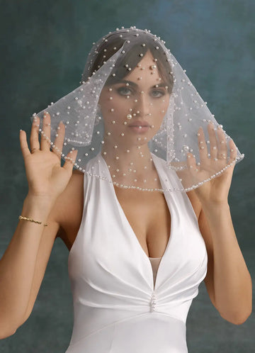 Romantic Sheer Tulle Pearl Beaded Juliet Cap Bridal Wedding Veil