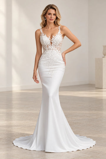 Vedress satin mermaid wedding dress with a plunging V-neckline, sleeveless floral lace straps, sheer bodice and sweeping train, front view.